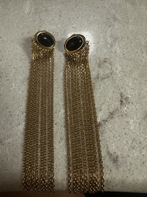 Aurelia Bidermann Gold Tone Tassel Dangle Clip-On Earrings Black Oval Top 