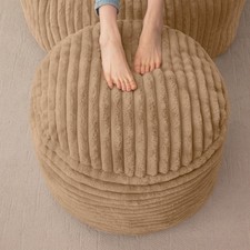 Brown Round Corduroy Stuffed Pouf Storage Ottoman Foam Filling 20x15 Inch