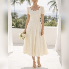 Unbranded Vintage 50s 60s White Lace Tea Length Scalloped Wedding Dress sz 4