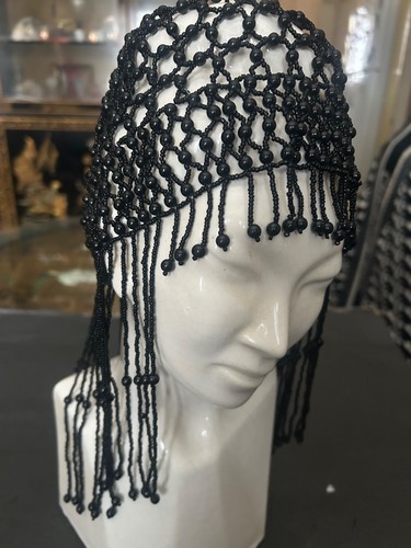 1920s Style Hand-Beaded Black  Flapper Headpiece Beaded Fringe Art Deco