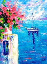 Sailboat Greece Seascape Oil Painting Bougainvillea House Original Art 8x6 inch
