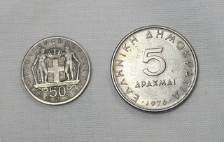 5 Apaxmai Drachmai 1976 50 Lepta 1966 Coins from Greece