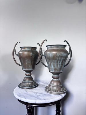 Set Of 2 Pedestal Outdoor Indoor Planters- Metal- Antique Copper Finish