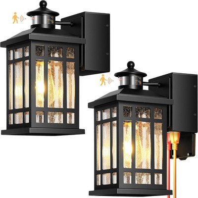 Black Motion Sensor Porch Lights with GFCI Outlet - 2-Pack Waterproof Outdoor