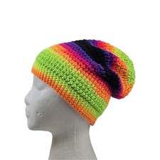 NEW Crochet Bright Neon Striped Toboggan Ski Hat Beanie Boho Unisex Adult OSFM