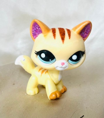 Authentische Littlest Pet Shop #2255 gelbe Glitzerkatze türkisfarbene Augen Miau Herrenhaus LPS