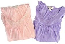 Miss ELAINE Classic Nylon Nightgown L Two 2 Embroidered Flowers Lavender Pink