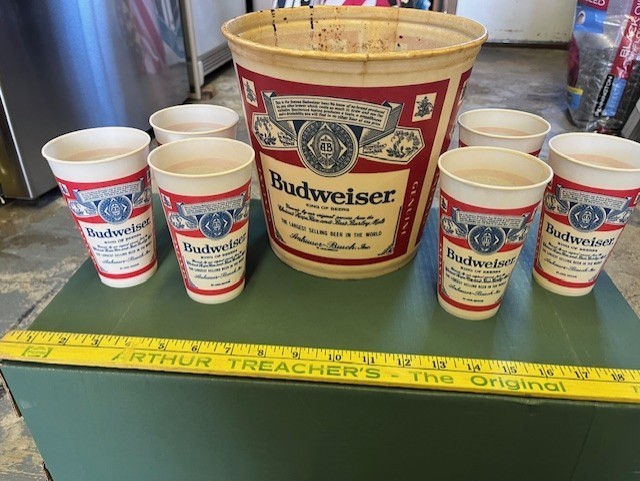 Vintage Budweiser Large wax ice bucket, cups Anheuser Busch Brewing