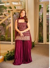 Designer Wine Faux Georgette Kurta Palazzo With Dupatta For Wedding Wear