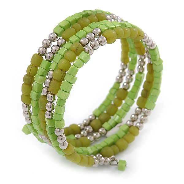 Lime Green/ Light Olive Stone, Silver Acrylic Bead Multistrand Coiled Flex