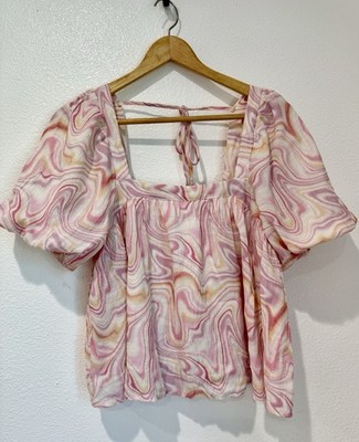 Moon River Psychedelic Swirl Puff Sleeve Blouse Pink Abstract Retro Boho S