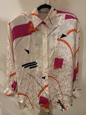 ESCADA Margaretha Ley Vintage 100% Silk Blouse Size 36 Ivory Geometric Pattern