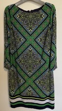 Vince Camuto Blue White Green Print Long Sleeve Shift Dress Women's 6