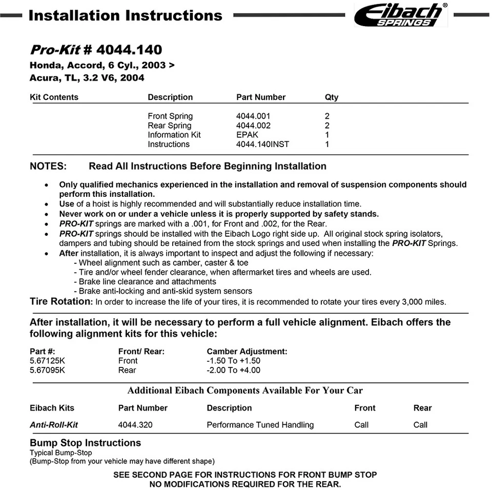 Eibach 4044.140 PRO-KIT Front Rear Lowering Springs for 03-05 Accord / 04-08 TL - Image 2 of 4