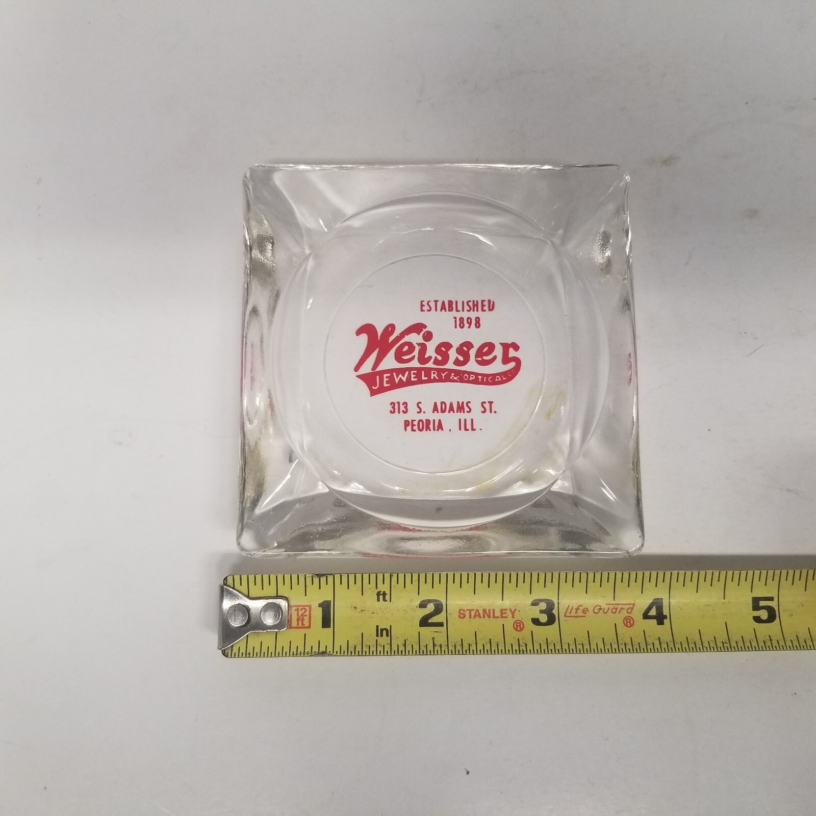 Vintage Weisser Jewelry & Optical Small Glass Tabletop Ashtray, Peoria, Illinois