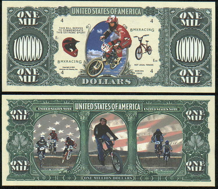 BMX Bike Racing Million Dollar Bill Play Funny Money Novelty Note + FREE SLEEVE
