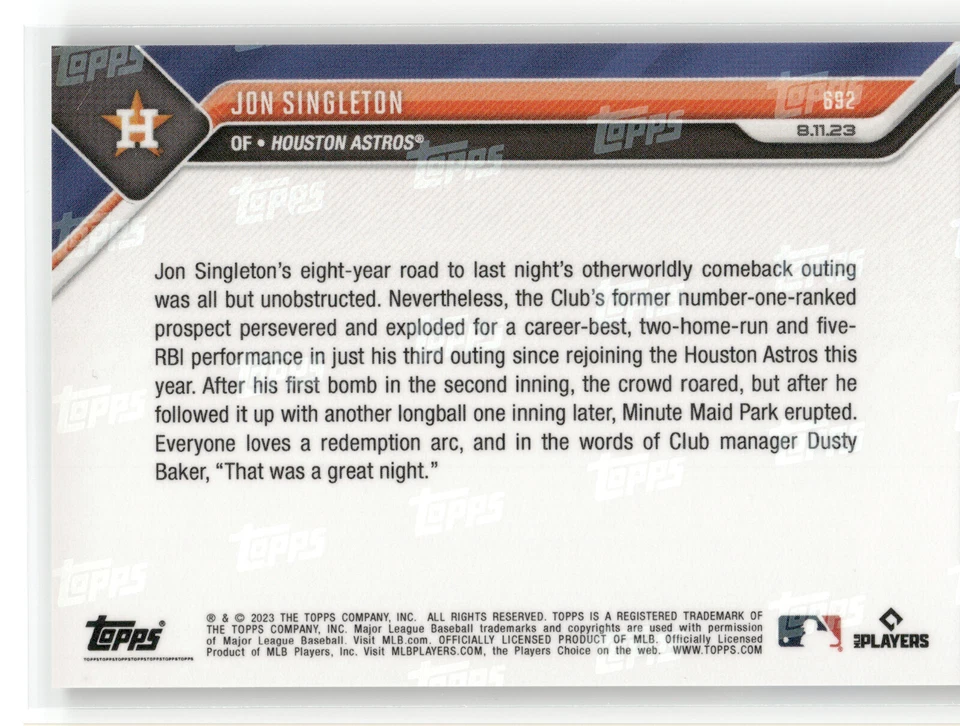 🟦 JON SINGLETON's Back, 1st HR Since 2015 AZUL 45/49 Astros 2023 Topps Now #692 - Imagem 2 de 2