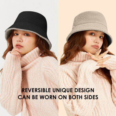 Ohsunny Reversible Warm Bucket Hat for Women Double-sided Winter Fisherman Caps