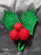 Holly Berry Christmas Ornament w/ Shiny Green Cable Knit Leaves NEW