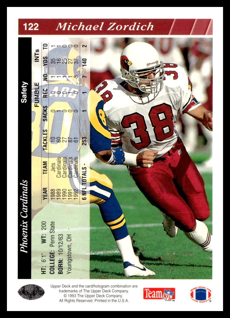 1993 Upper Deck #122 Michael Zordich Phoenix Cardinals Football