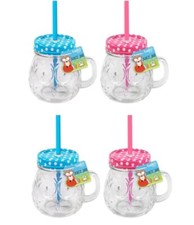 Set Of 4 Glass Owl Drinks Mason Juice Jars Cute Owl Blue & Pink 350ml Glasses