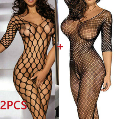 2Pcs Fishnet Body Stocking Sexy Lingerie Women Bodysuit Babydoll Sleepwear New