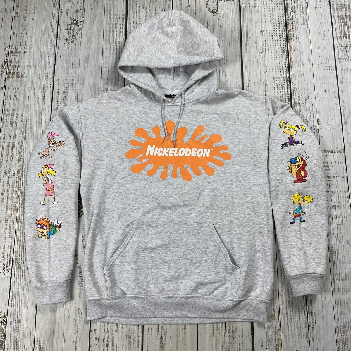 NICKELODEON MENS LARGE HOODIE 90S CARTOON LOGO SPLASH HEATHER GREY