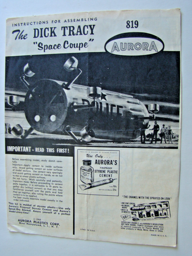 The Dick Tracy Space Coupe #819 Aurora Plastic Model Kit Instructions ONLY 1968