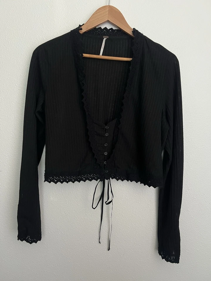 Black Lace Trim Ribbed Long Sleeve Cropped Linen Blend Top Button Down Coquette