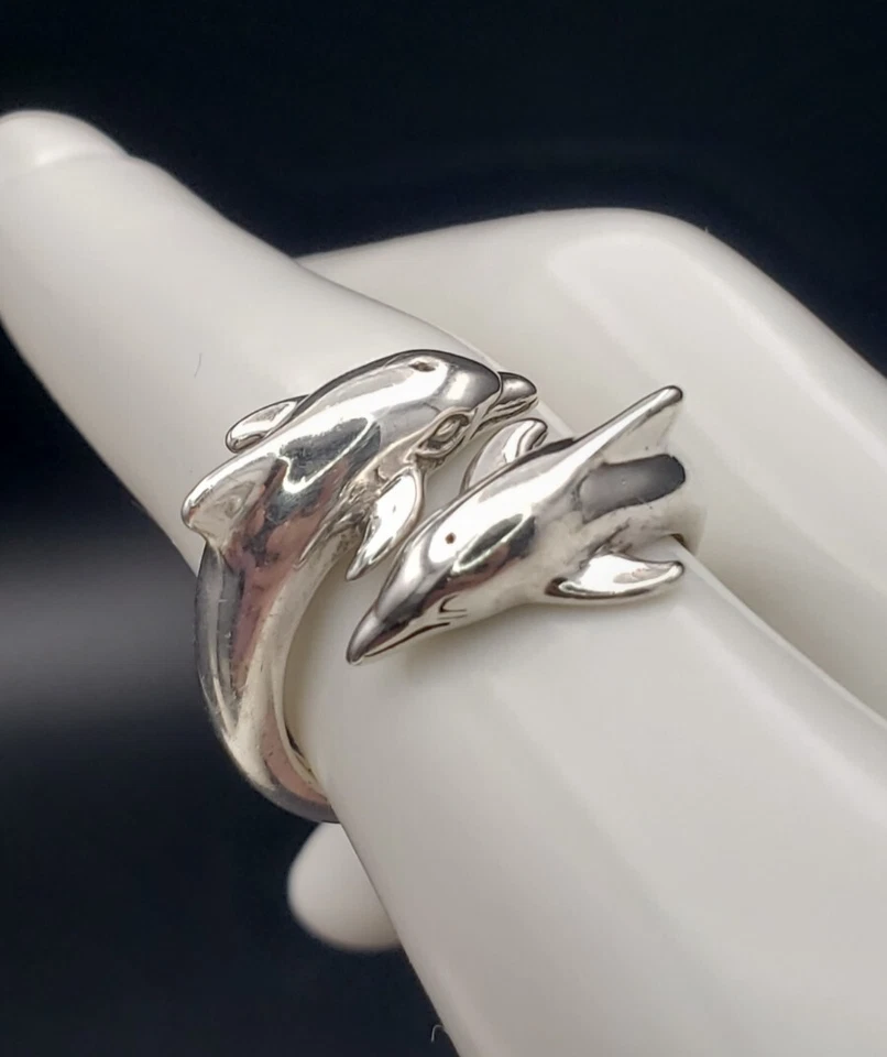 Anillo Kabana Vintage Plata Esterlina Dos Delfines Saltadores Bypass Talla 7.75 Foto 2 de 4