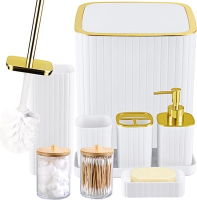 Bathroom Accessory Set White-9PC Set with Brush, Trash Can, Soap Dispenser, Q...