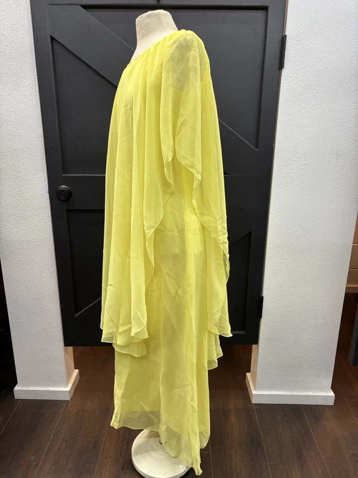 Maxi Vestido Estilo Años 70 De Colección Amarillo Gasa Mangas Acampanadas Caftán Fluido Hecho a Mano Foto 4 de 4