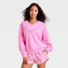 Women's Crochet Trim V-Neck Sweatshirt - JoyLab Pink XS