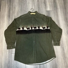 Woolrich Shirt Mens Large Olive Green Button Down Deer Graphic Long Sleeve