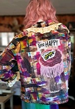 Upcycled Distressed Women’s Jacket  Shabby Chic Bee Theme 100% Cotton Size 1X 