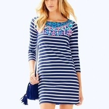 Lilly Pulitzer Navy Blue 3/4 Sleeve Bay Dress Island Medallion Stripe Cotton XS