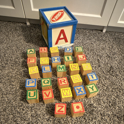Vintage Playskool Wooden Alphabet Blocks Set w/ Hanging Storage Carrying Cube