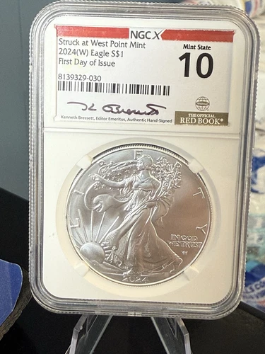 2024 (W) SILVER EAGLE NGCX MS 10 KENNETH BRESSETT SIGNED FIRST DAY OF ISSUE FDI