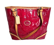 Coach Peyton Embossed Pink Patent Leather Tan Trim Shoulder Bag Tote F22322