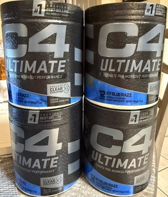 4 containers of CELLUCOR C4 Ultimate ICY BLUE RAZZ Pre-Workout 12 Servings 03/27