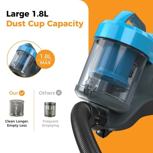Powerful Bagless Canister Vacuum Cleaner, 1000W, 16Kpa Suction, Large 1.8L Dust