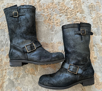 Jimmy Choo Metallic Black Moto Biker Suede Leather Boots 39 - Rabbit fur lined