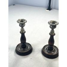 Vintage English Wood Turned Candlesticks and Metal  Candle Sticks Set of 2