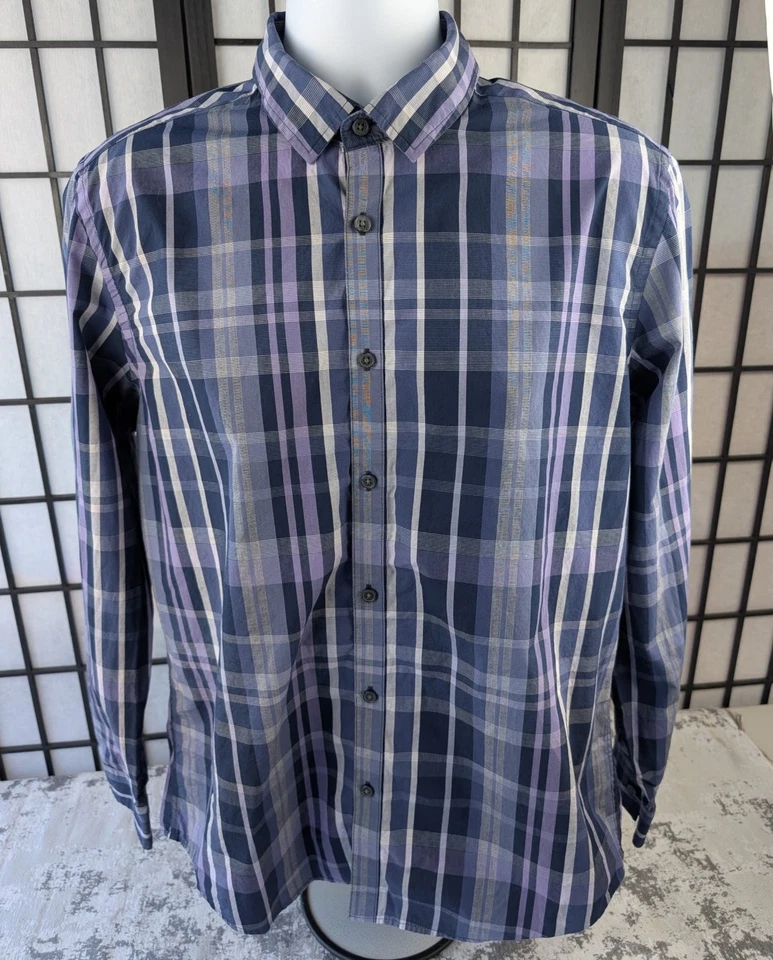 Alfani Slim Fit Men's Dress Shirt Blue Purple Plaid Cotton L Chest 44" GUC - Image 2 of 4