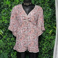 Max Studio Top Women XL Floral Print Tunic Blouse White Pink Boho Festival 3068