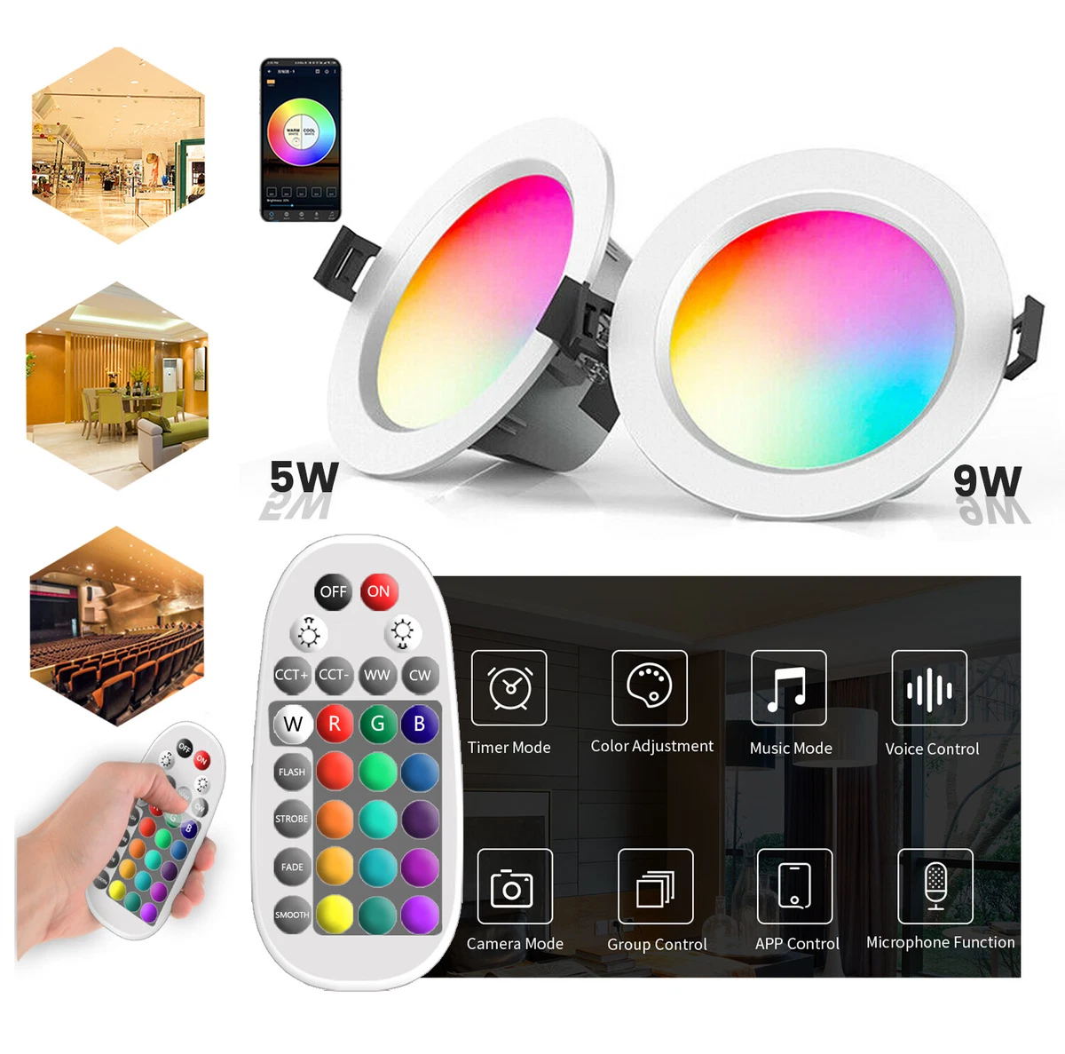 Bluetooth RGB WW CW Dimmable LED Recessed Ceiling Downlight Lamp