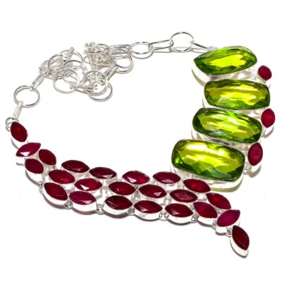 Peridot, Ruby Gemstone Handmade 925 Silver Jewelry Necklace 18'' R-426