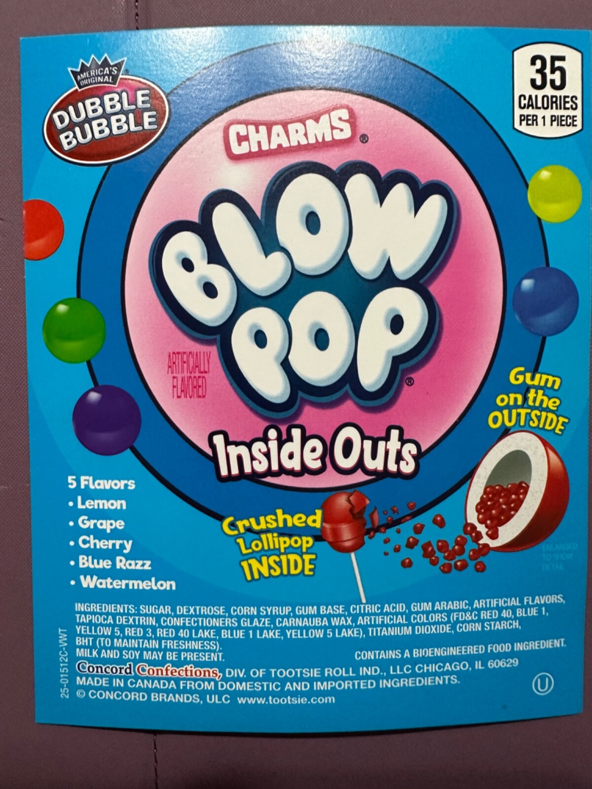 1lb Charms Blow Pop Inside Outs Bubble Gum Gumballs crushed Lollipop