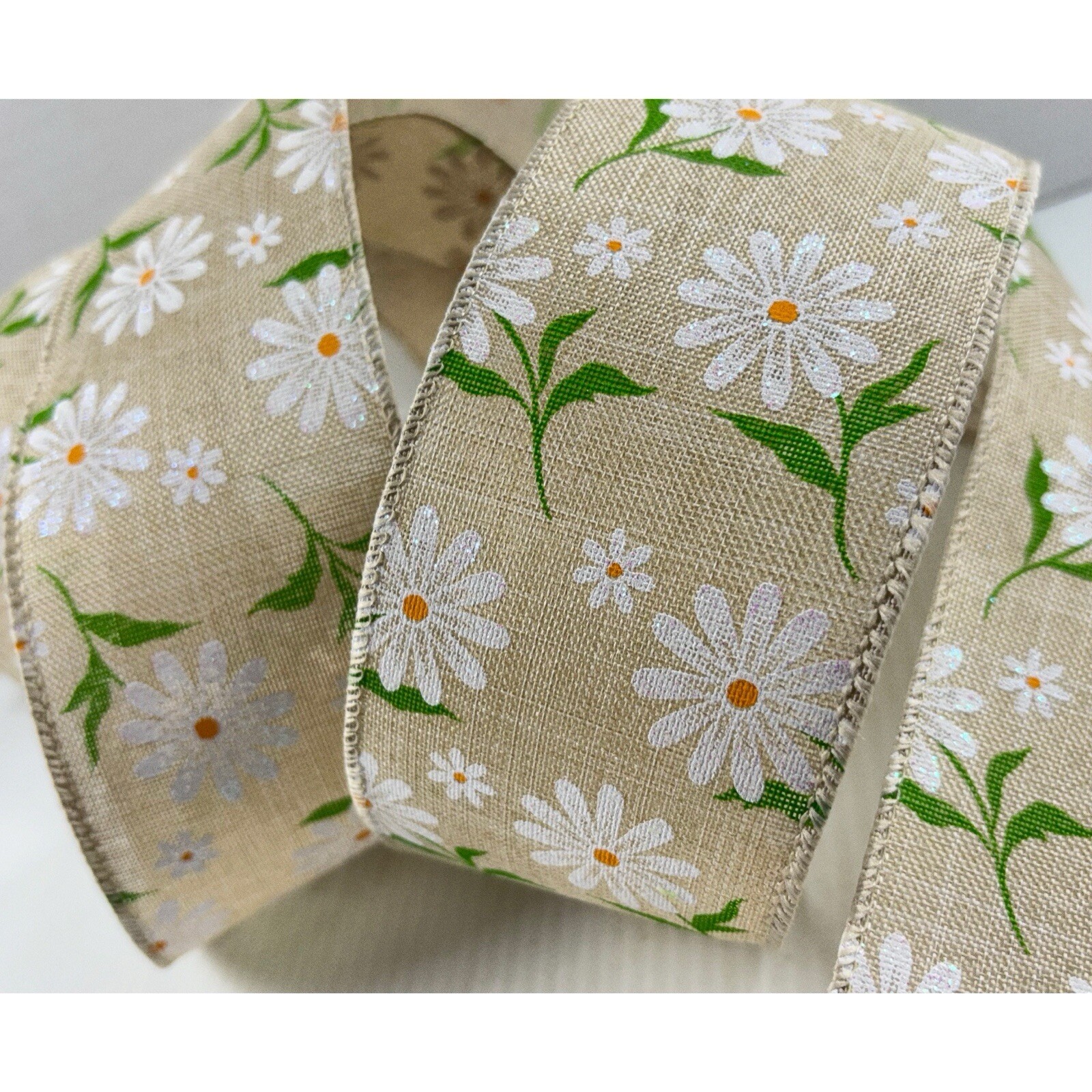 Flower Ribbion Daisy Flower Ribbon Natural Wired 2.5” x 10 Yards Spring Green Leaf New ...