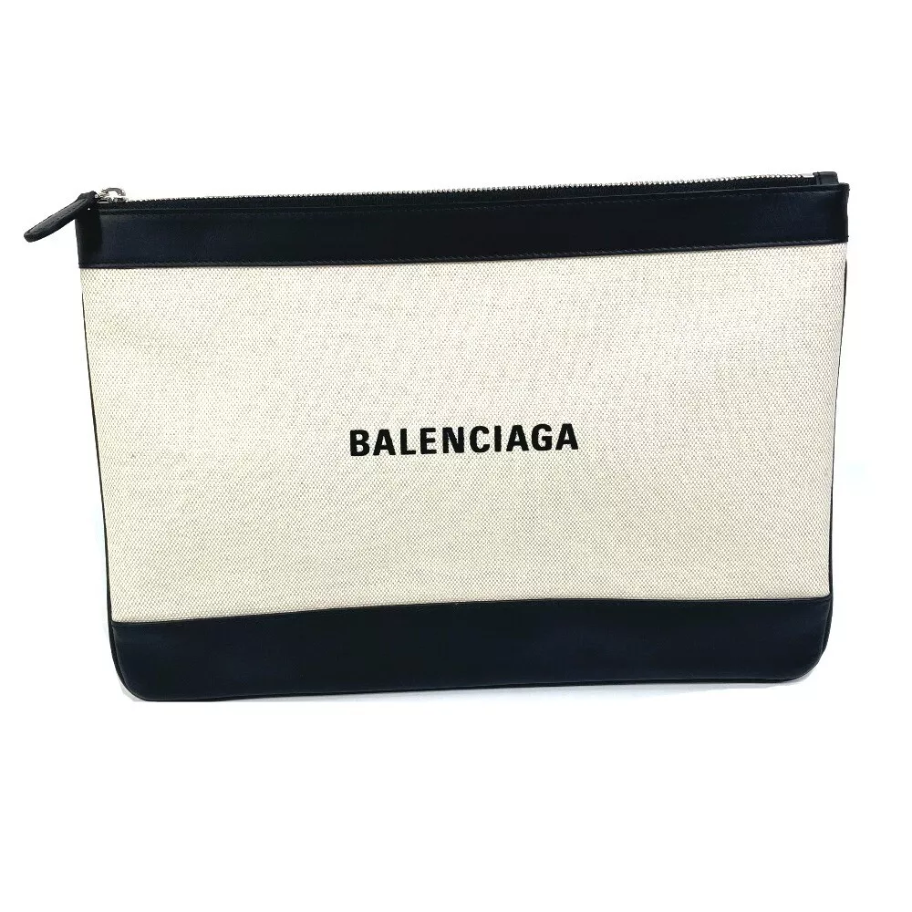 BALENCIAGA 420407 logo Navy clip M Pouch Clutch bag Canvas / Leather  Ivory/Black